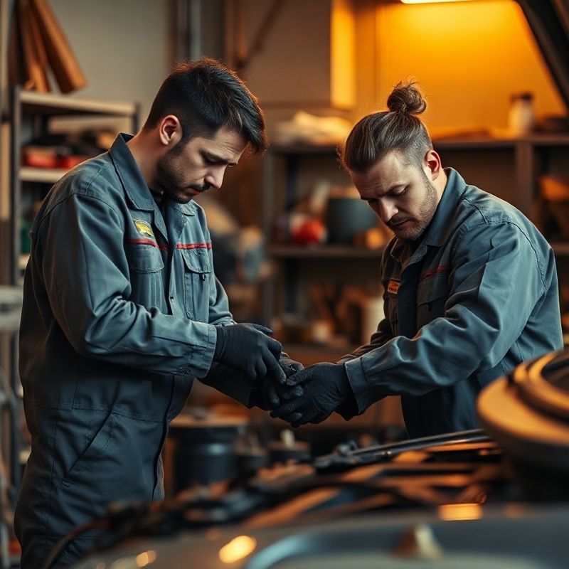 Doi mecanici Orbittnova lucrând pe un motor în atelier